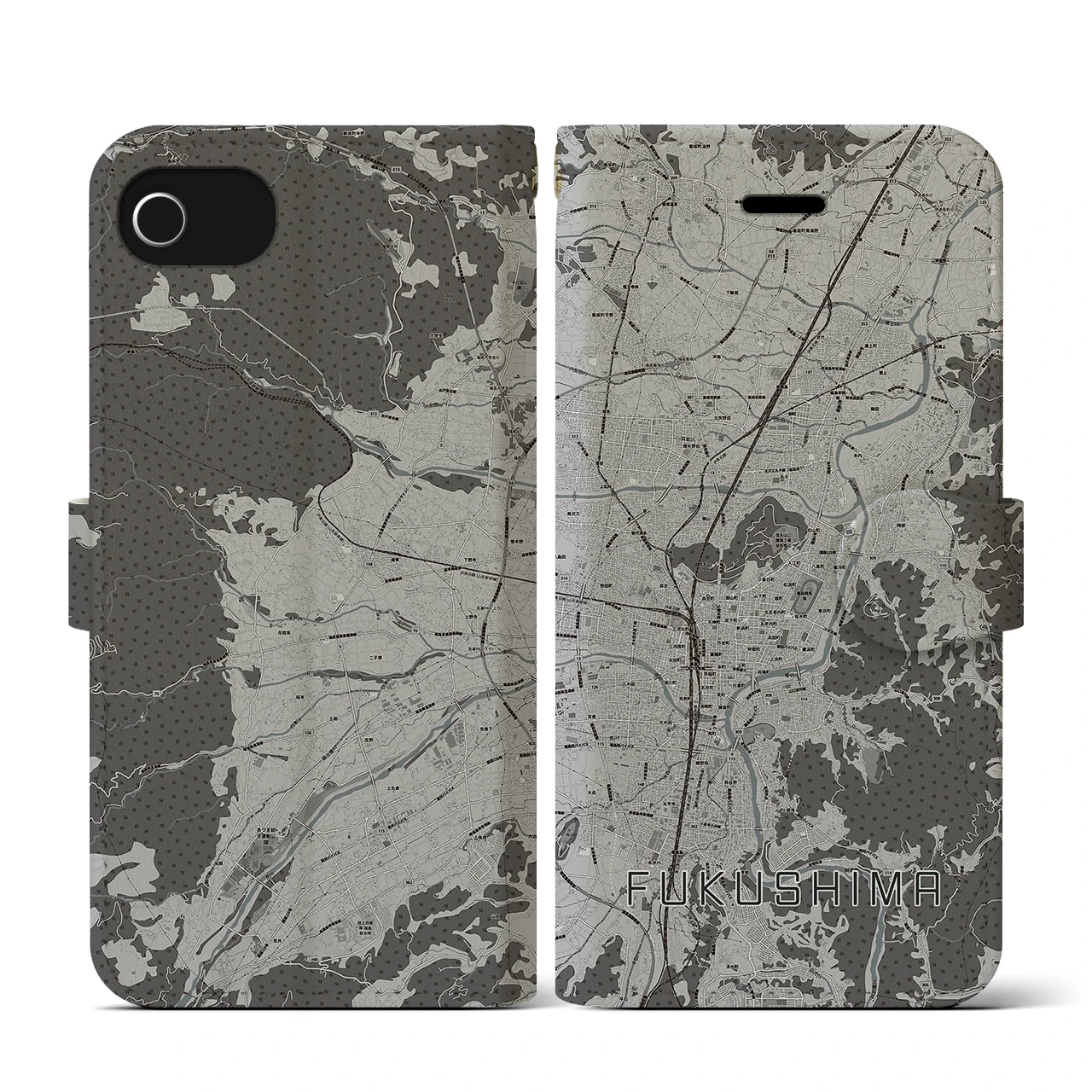 【福島(福島県)】地図柄iPhoneケース(手帳タイプ)モノトーン・iPhone SE(第3 / 第2世代) / 8 / 7 / 6s / 6 用