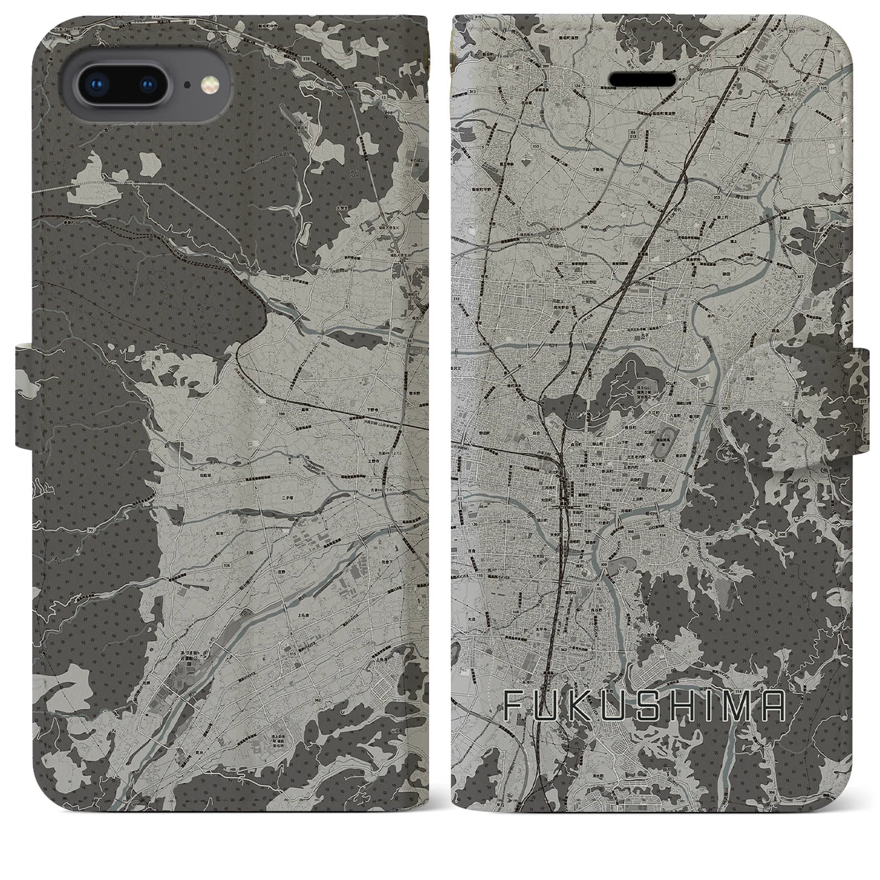 【福島(福島県)】地図柄iPhoneケース(手帳タイプ)モノトーン・iPhone 8Plus /7Plus / 6sPlus / 6Plus 用