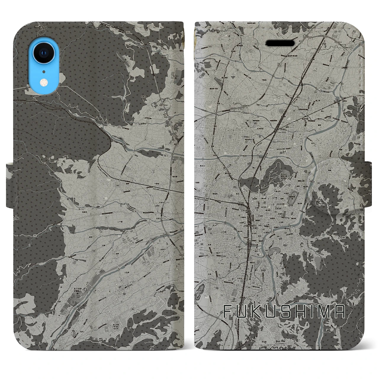 【福島(福島県)】地図柄iPhoneケース(手帳タイプ)モノトーン・iPhone XR 用