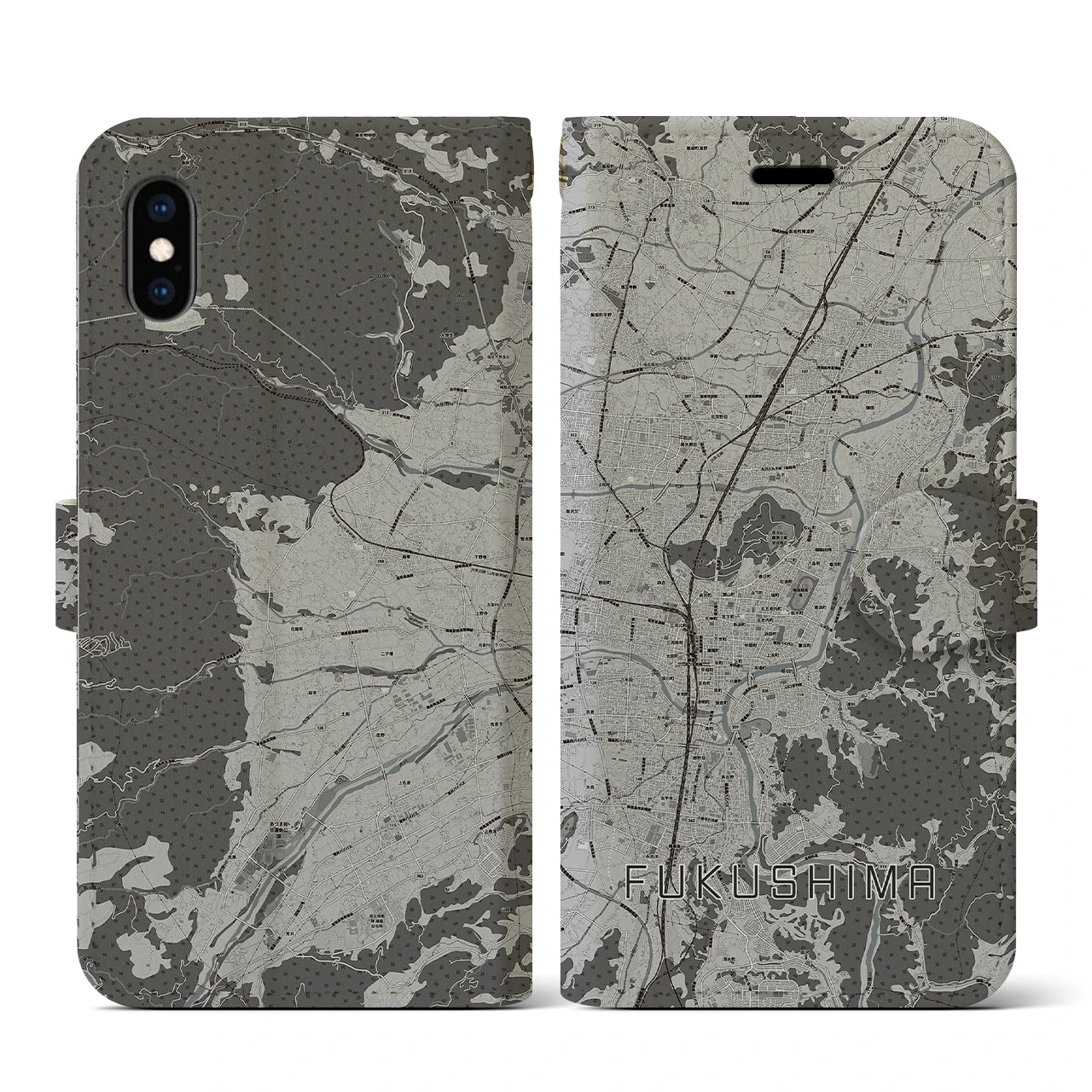 【福島(福島県)】地図柄iPhoneケース(手帳タイプ)モノトーン・iPhone XS / X 用