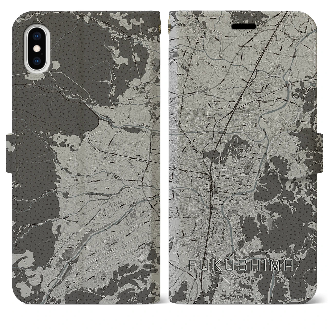 【福島(福島県)】地図柄iPhoneケース(手帳タイプ)モノトーン・iPhone XS Max 用