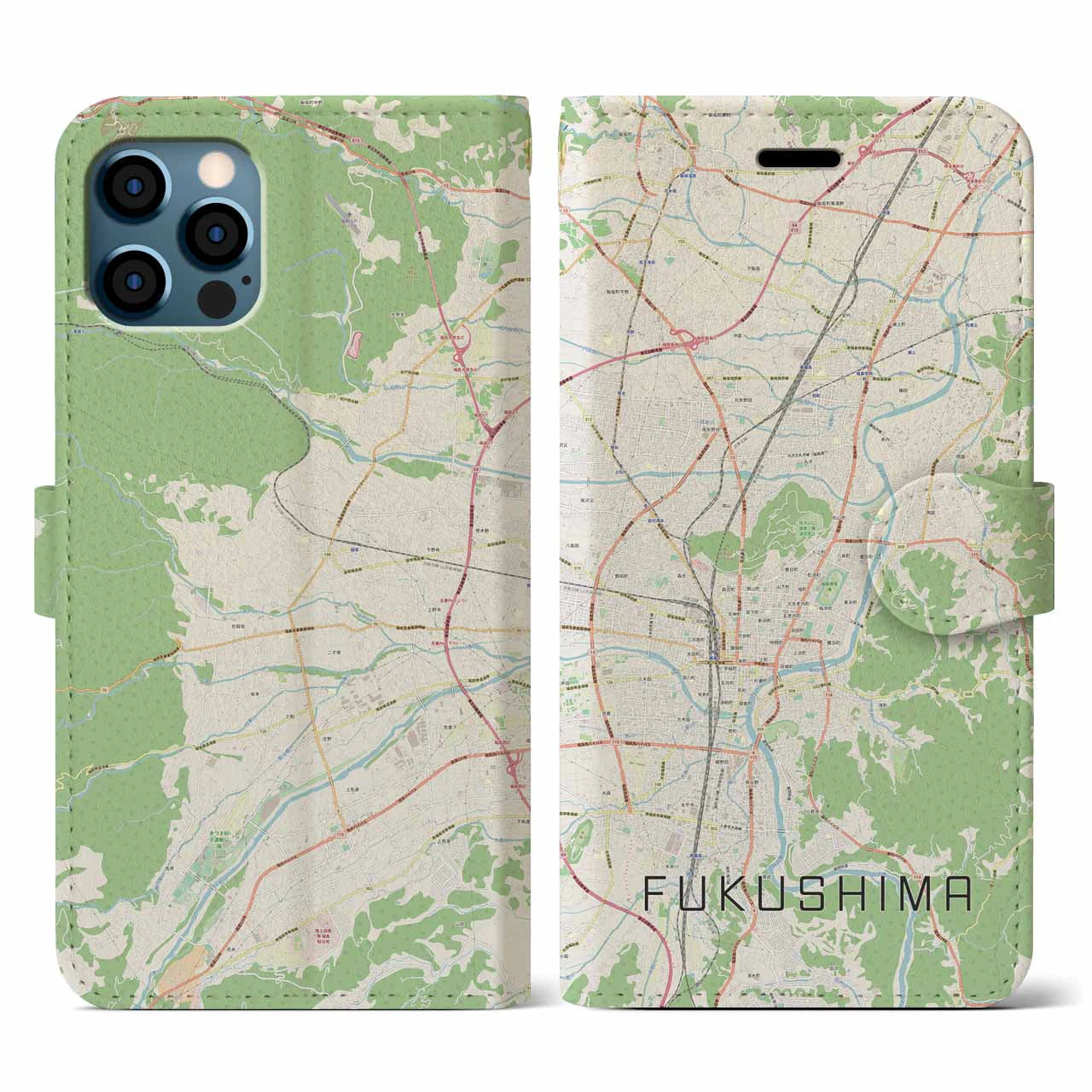 【福島(福島県)】地図柄iPhoneケース(手帳タイプ)ナチュラル・iPhone 12 / 12 Pro 用