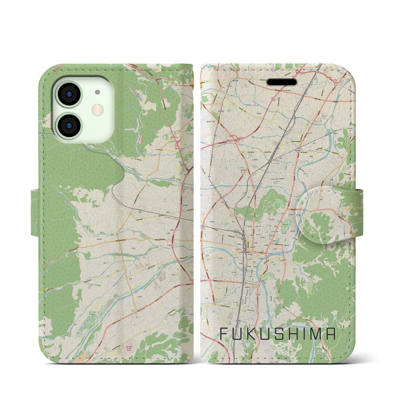 【福島(福島県)】地図柄iPhoneケース(手帳タイプ)ナチュラル・iPhone 12 mini 用