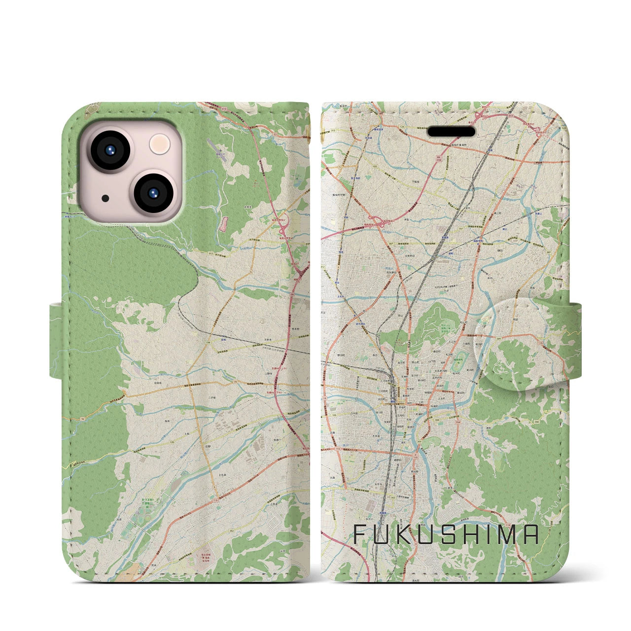 【福島(福島県)】地図柄iPhoneケース(手帳タイプ)ナチュラル・iPhone 13 mini 用