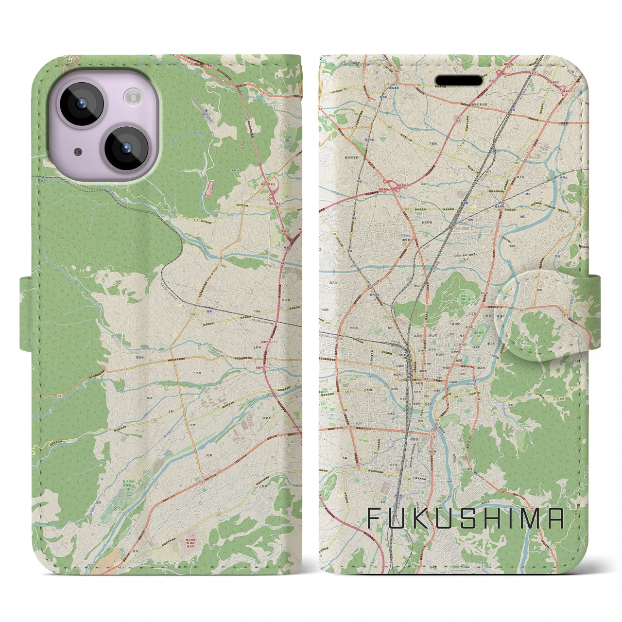 【福島(福島県)】地図柄iPhoneケース(手帳タイプ)ナチュラル・iPhone 14 用