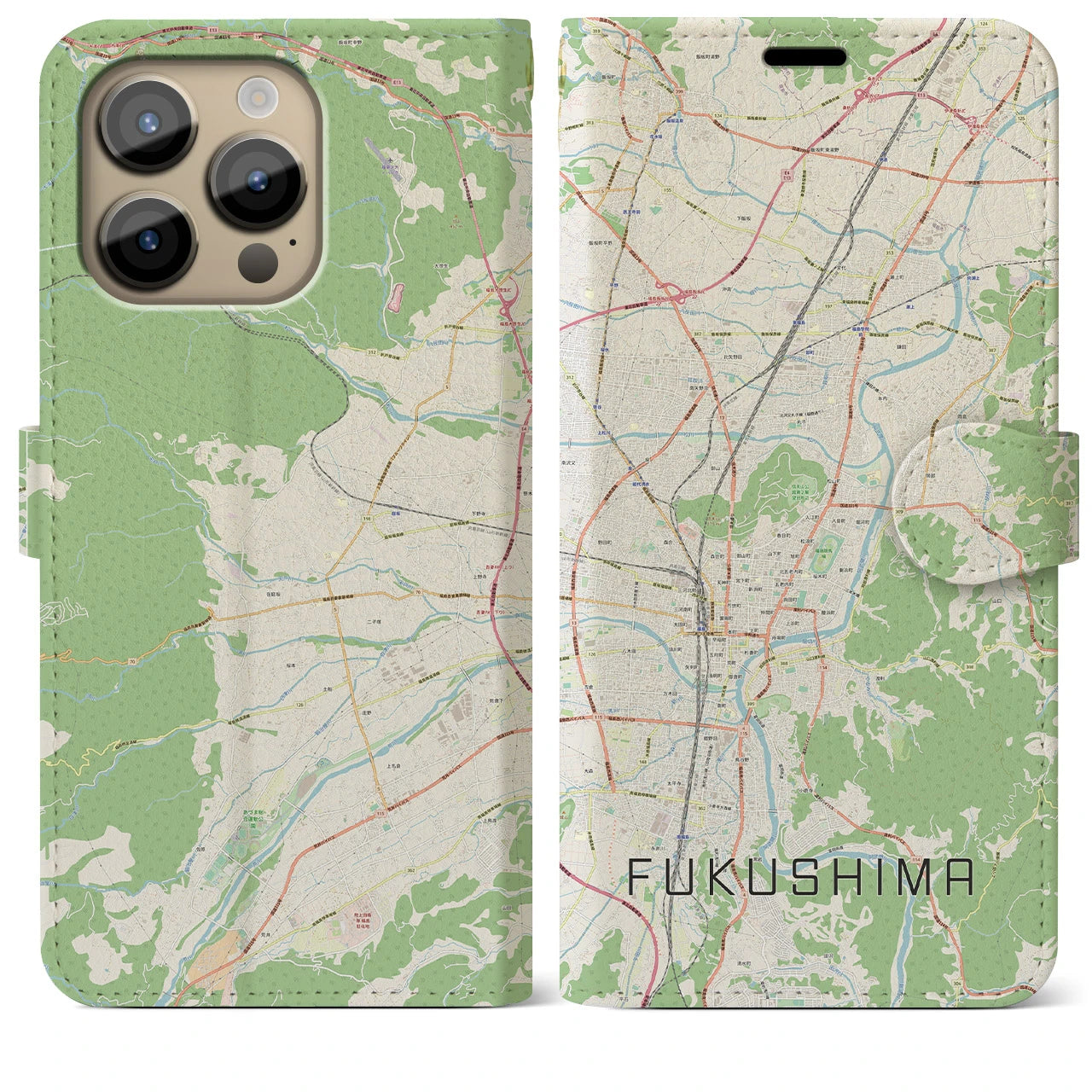 【福島(福島県)】地図柄iPhoneケース(手帳タイプ)ナチュラル・iPhone 14 Pro Max 用