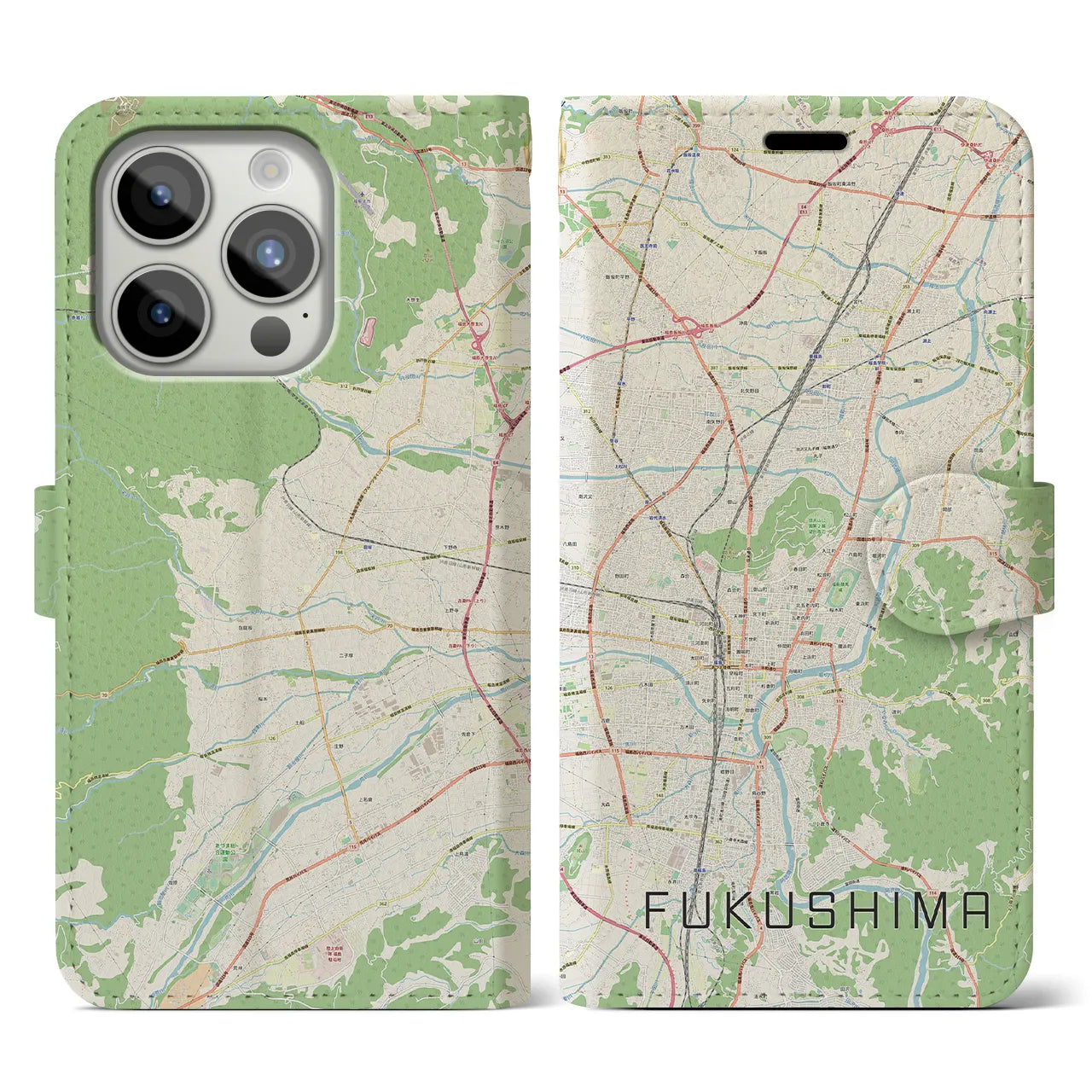 【福島(福島県)】地図柄iPhoneケース(手帳タイプ)ナチュラル・iPhone 15 Pro 用