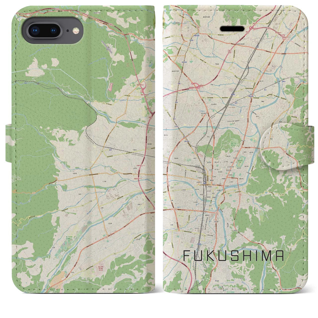【福島(福島県)】地図柄iPhoneケース(手帳タイプ)ナチュラル・iPhone 8Plus /7Plus / 6sPlus / 6Plus 用