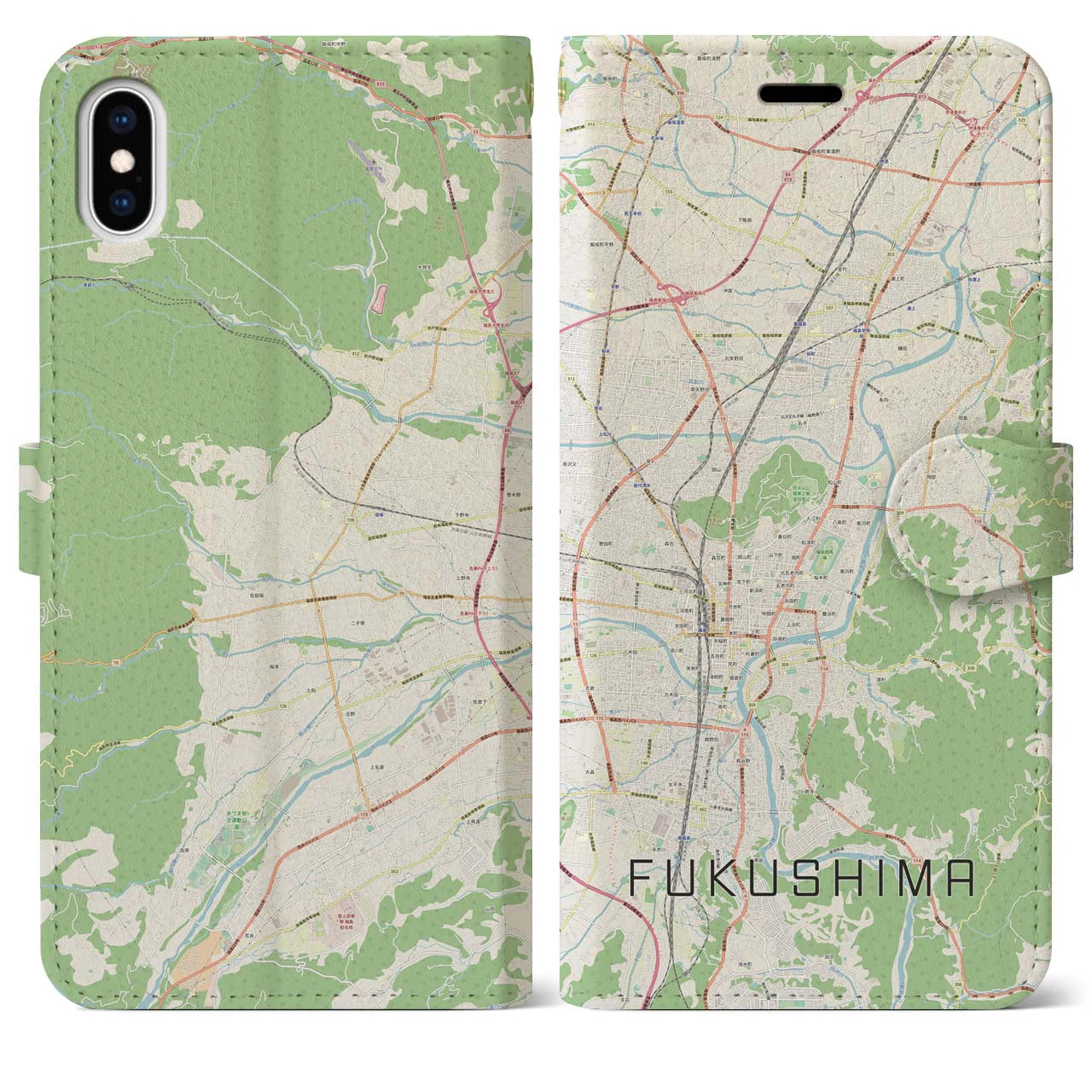 【福島(福島県)】地図柄iPhoneケース(手帳タイプ)ナチュラル・iPhone XS Max 用