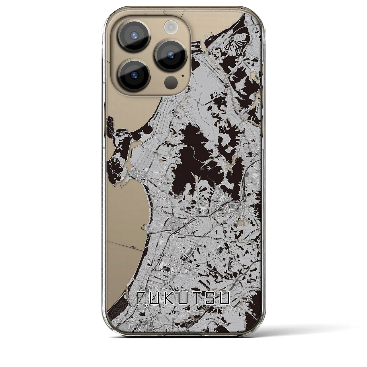 【福津(福岡県)】地図柄iPhoneケース(クリアタイプ)モノトーン・iPhone 14 Pro Max 用