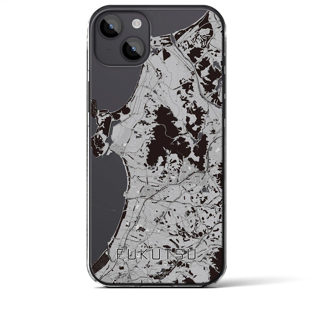 【福津(福岡県)】地図柄iPhoneケース(クリアタイプ)モノトーン・iPhone 14 Plus 用