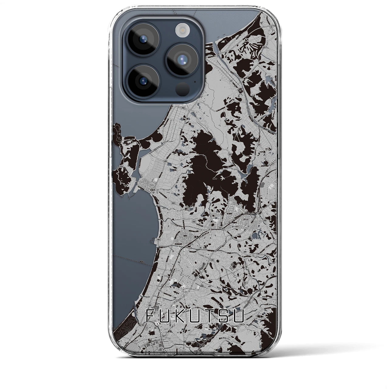 【福津(福岡県)】地図柄iPhoneケース(クリアタイプ)モノトーン・iPhone 15 Pro Max 用
