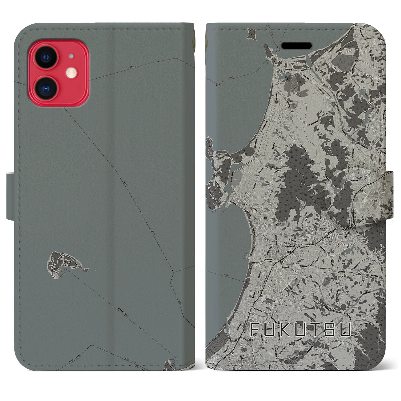 【福津(福岡県)】地図柄iPhoneケース(手帳タイプ)モノトーン・iPhone 11 用