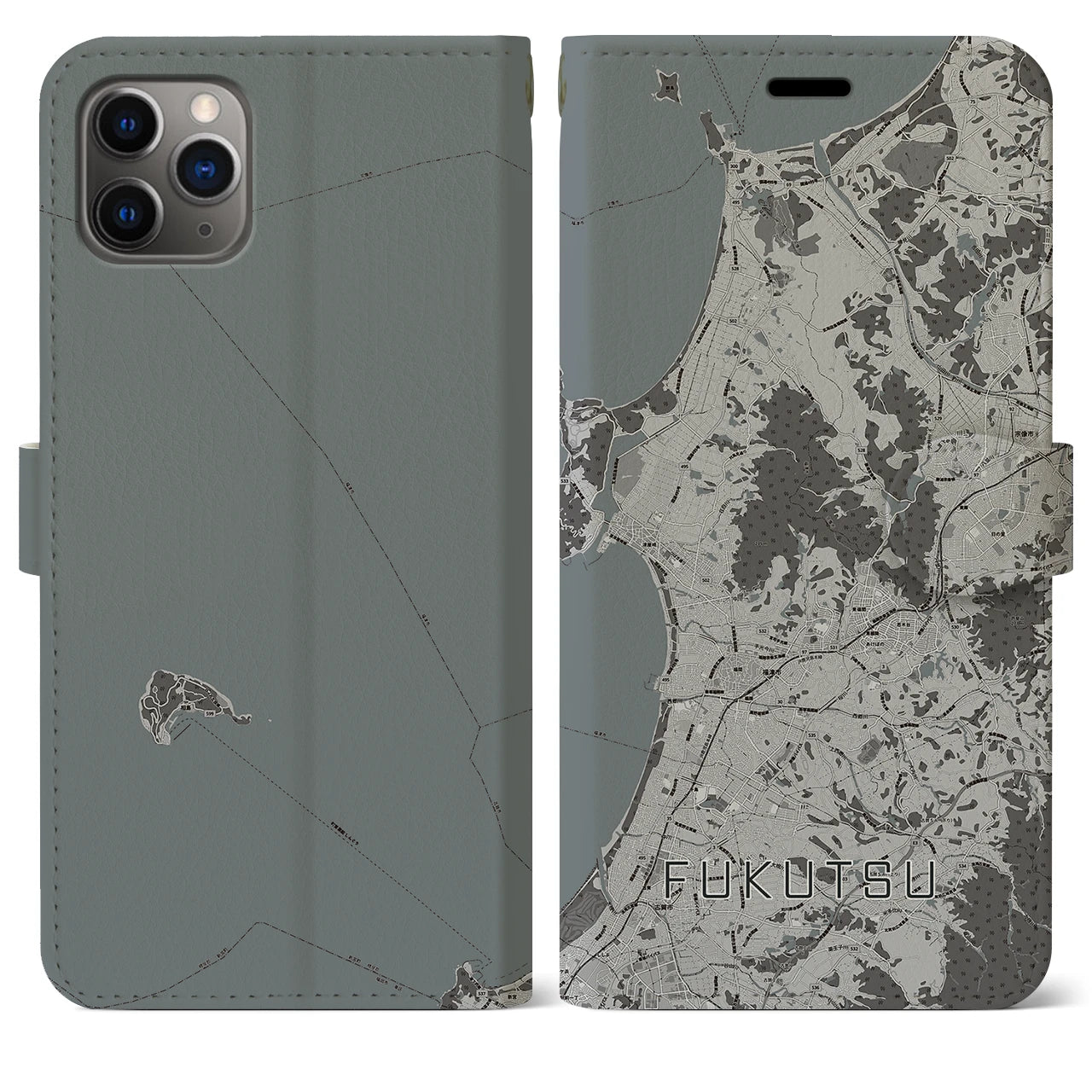 【福津(福岡県)】地図柄iPhoneケース(手帳タイプ)モノトーン・iPhone 11 Pro Max 用