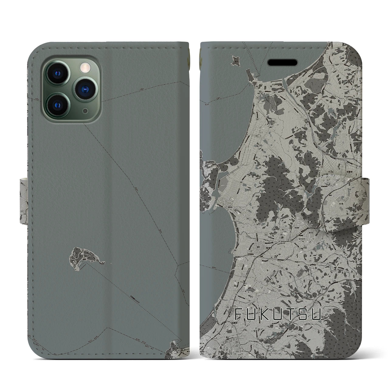 【福津(福岡県)】地図柄iPhoneケース(手帳タイプ)モノトーン・iPhone 11 Pro 用