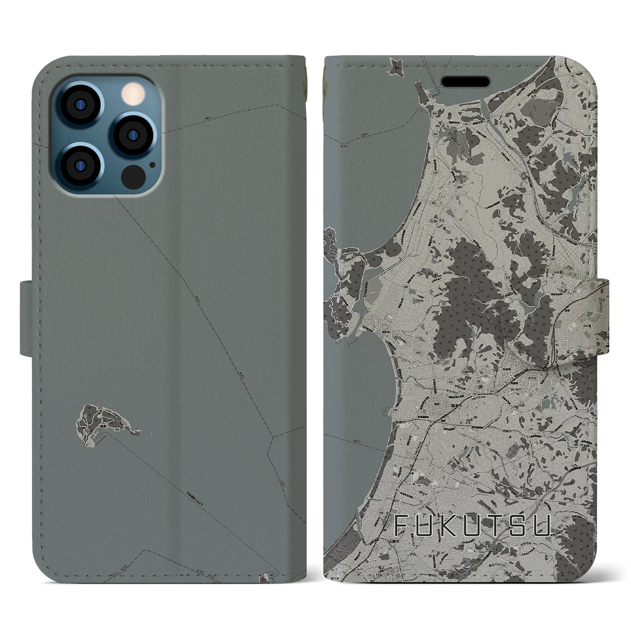 【福津(福岡県)】地図柄iPhoneケース(手帳タイプ)モノトーン・iPhone 12 / 12 Pro 用