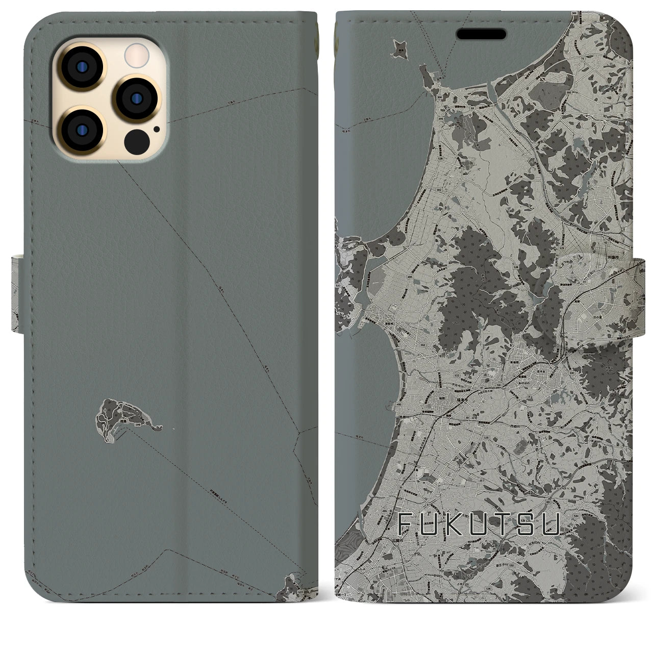 【福津(福岡県)】地図柄iPhoneケース(手帳タイプ)モノトーン・iPhone 12 Pro Max 用