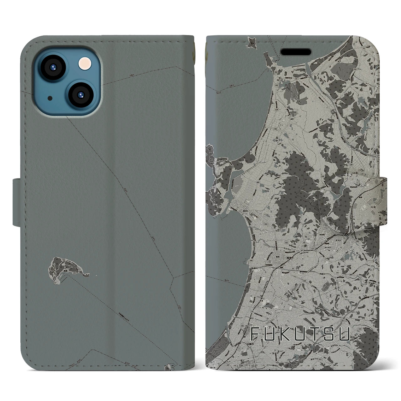【福津(福岡県)】地図柄iPhoneケース(手帳タイプ)モノトーン・iPhone 13 用
