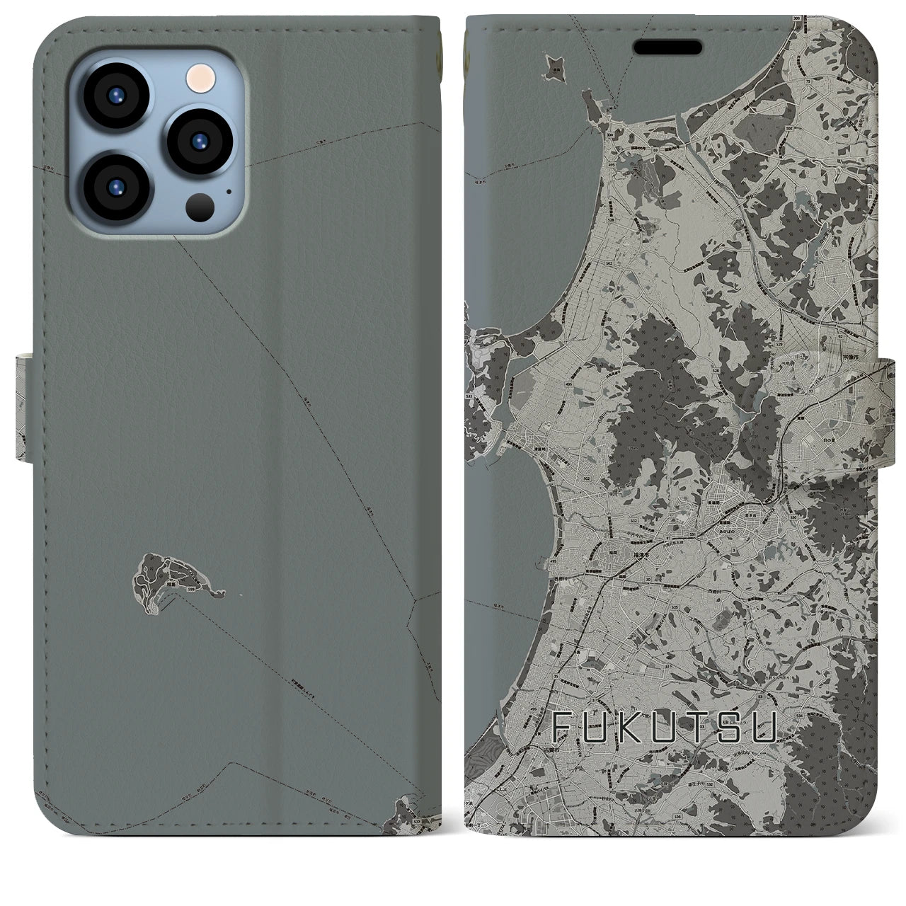 【福津(福岡県)】地図柄iPhoneケース(手帳タイプ)モノトーン・iPhone 13 Pro Max 用