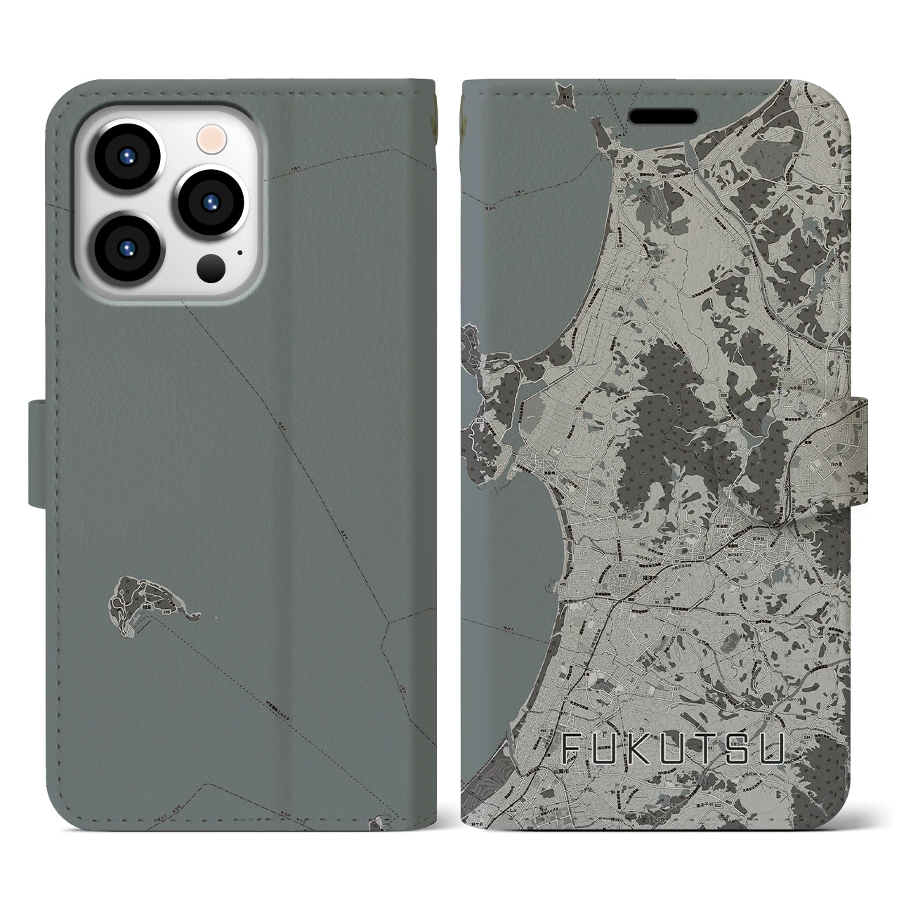 【福津(福岡県)】地図柄iPhoneケース(手帳タイプ)モノトーン・iPhone 13 Pro 用