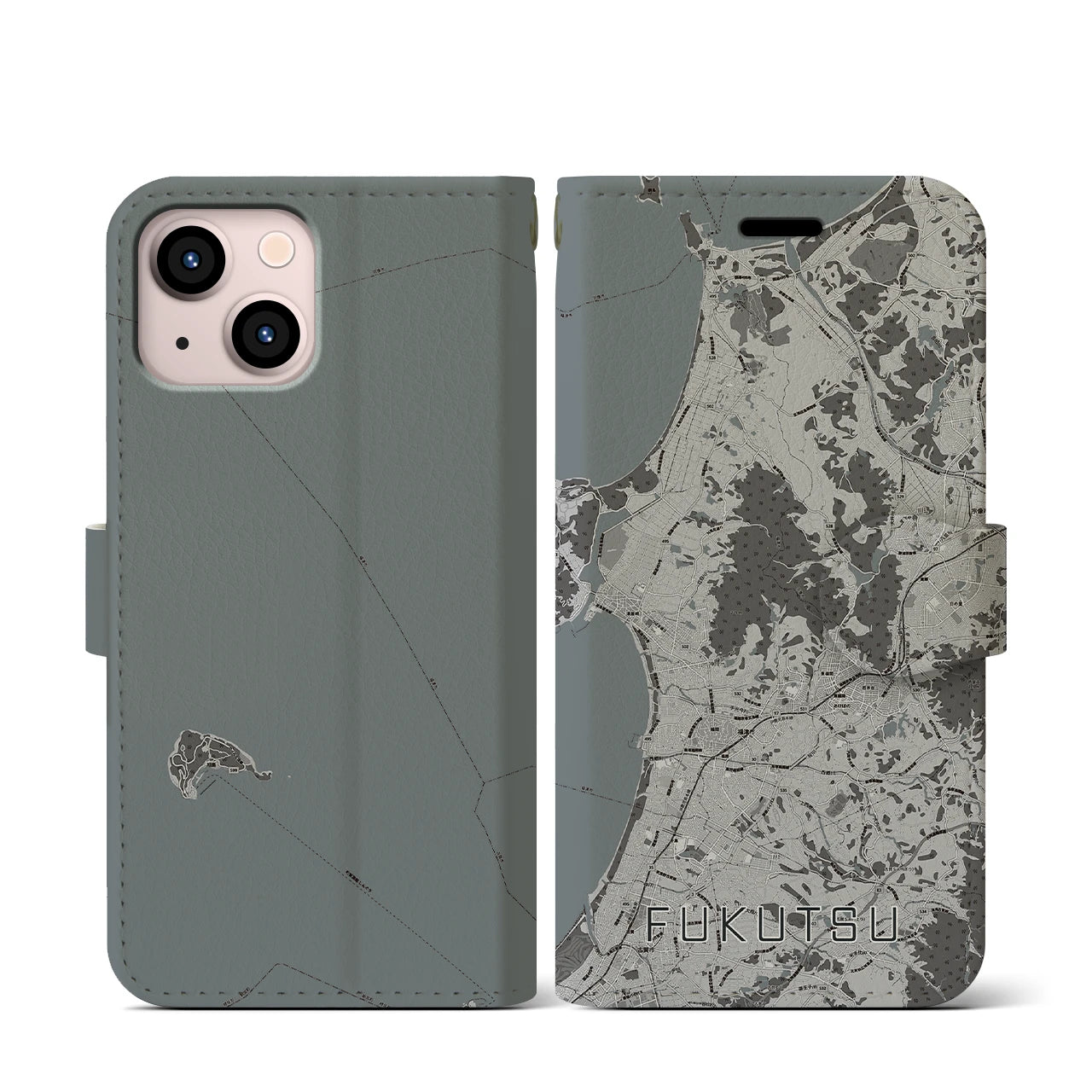 【福津(福岡県)】地図柄iPhoneケース(手帳タイプ)モノトーン・iPhone 13 mini 用