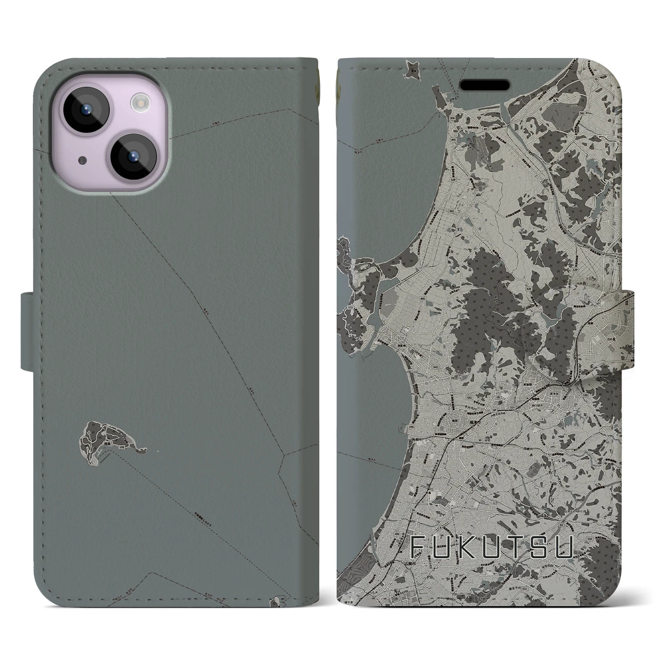 【福津(福岡県)】地図柄iPhoneケース(手帳タイプ)モノトーン・iPhone 14 用