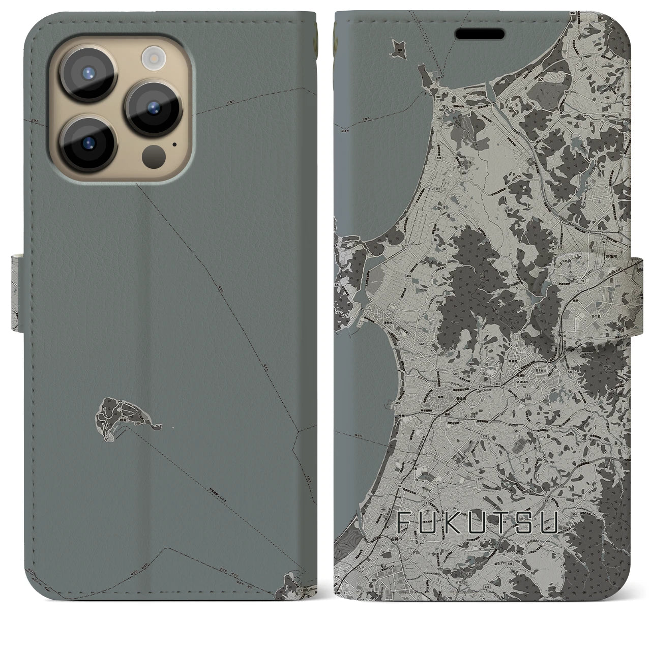 【福津(福岡県)】地図柄iPhoneケース(手帳タイプ)モノトーン・iPhone 14 Pro Max 用