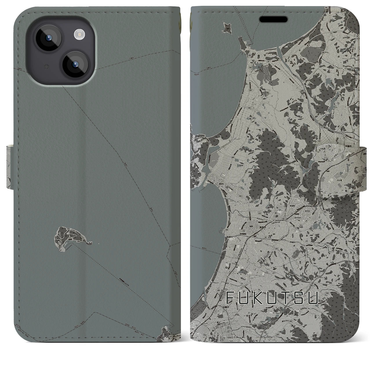 【福津(福岡県)】地図柄iPhoneケース(手帳タイプ)モノトーン・iPhone 14 Plus 用