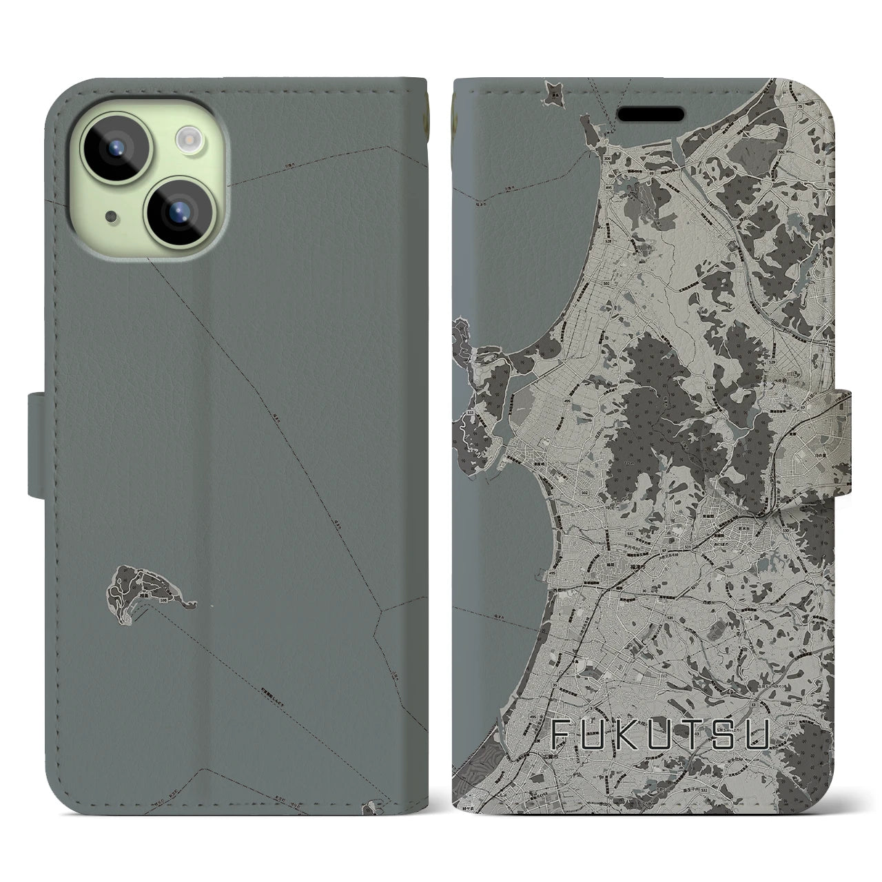 【福津(福岡県)】地図柄iPhoneケース(手帳タイプ)モノトーン・iPhone 15 用