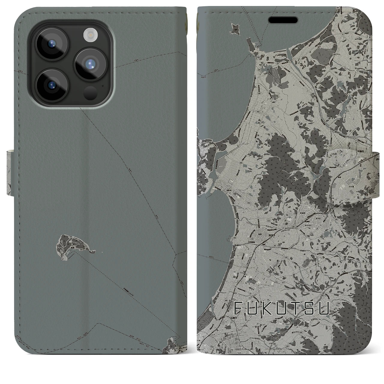 【福津(福岡県)】地図柄iPhoneケース(手帳タイプ)モノトーン・iPhone 15 Pro Max 用