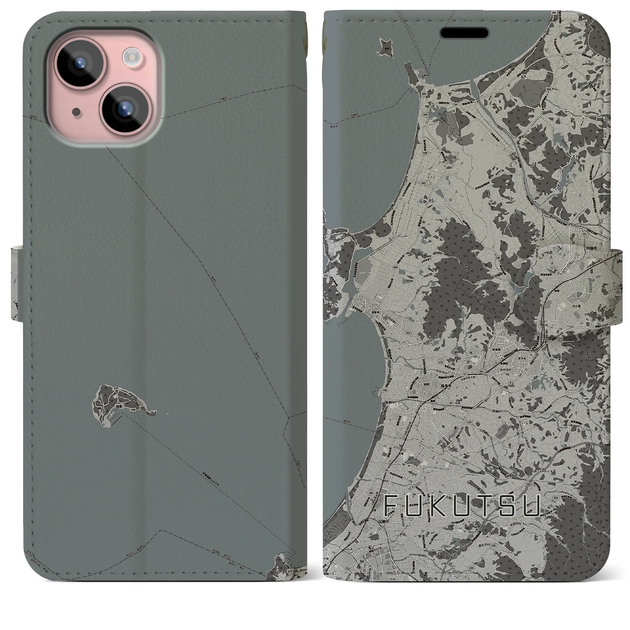 【福津(福岡県)】地図柄iPhoneケース(手帳タイプ)モノトーン・iPhone 15 Plus 用