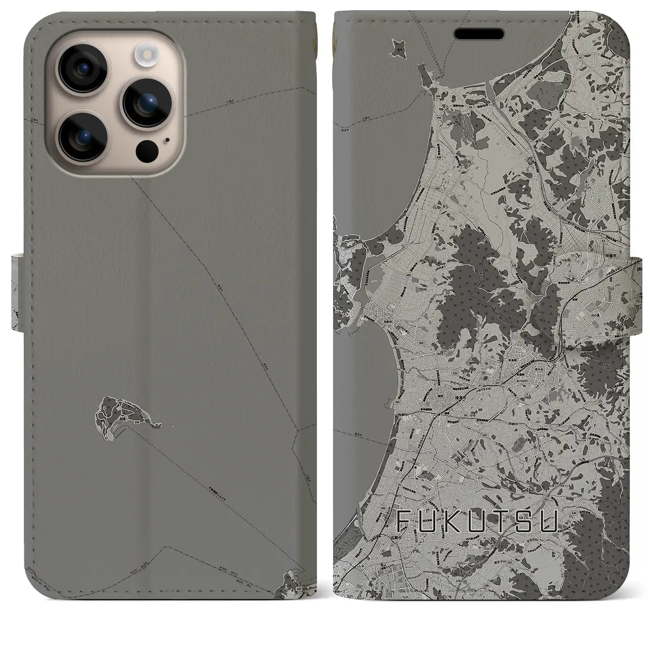 【福津(福岡県)】地図柄iPhoneケース(手帳タイプ)モノトーン・iPhone 16 Plus 用