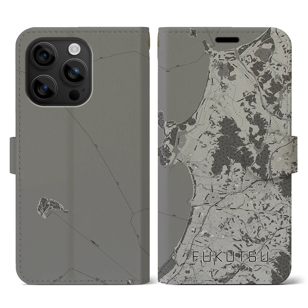 【福津(福岡県)】地図柄iPhoneケース(手帳タイプ)モノトーン・iPhone 16 用