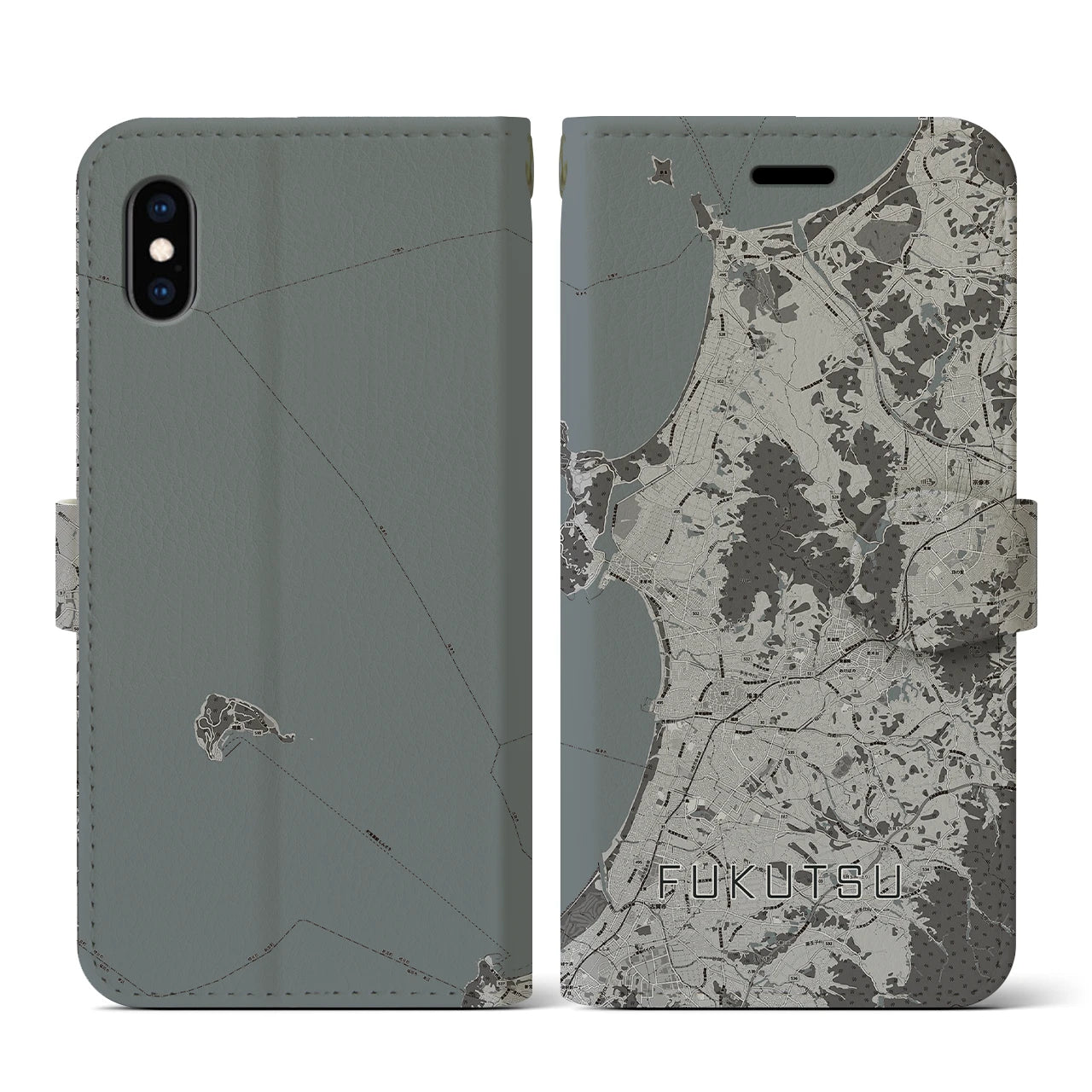 【福津(福岡県)】地図柄iPhoneケース(手帳タイプ)モノトーン・iPhone XS / X 用