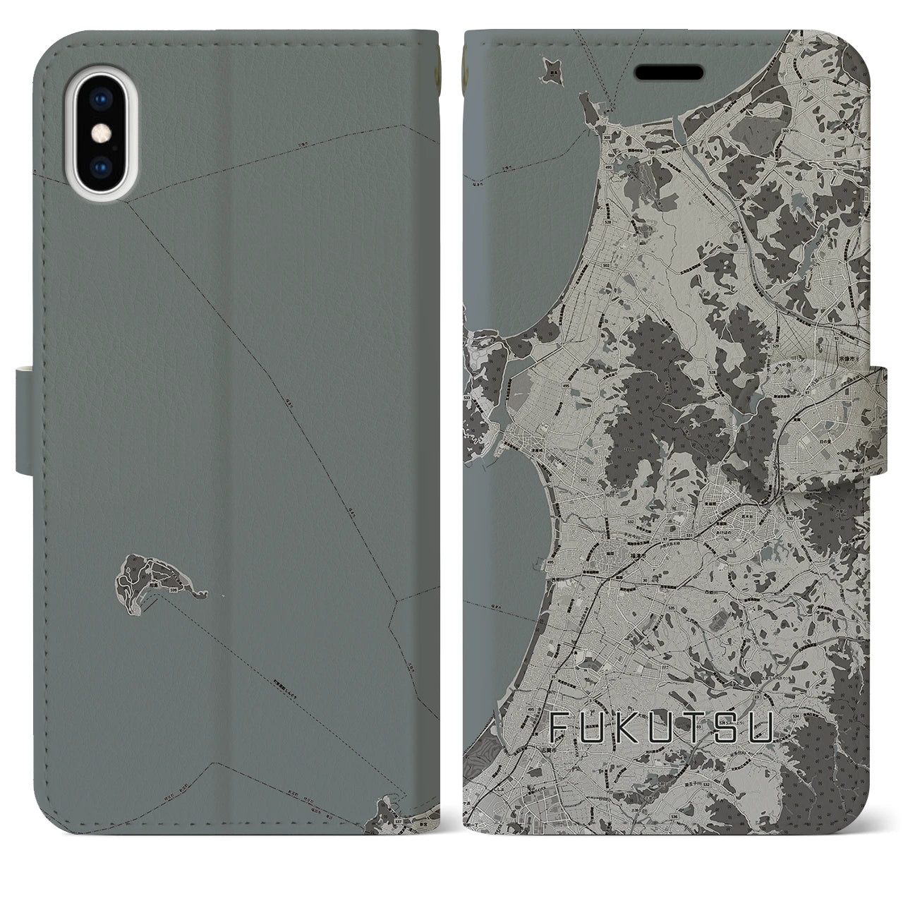 【福津(福岡県)】地図柄iPhoneケース(手帳タイプ)モノトーン・iPhone XS Max 用