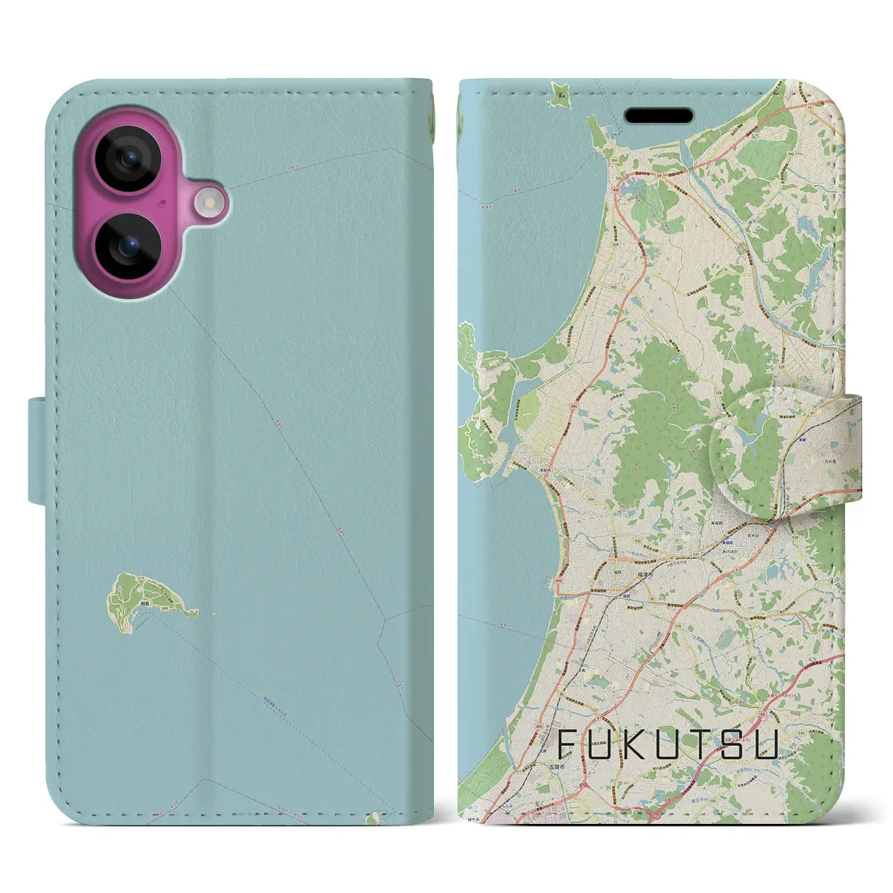 【福津(福岡県)】地図柄iPhoneケース(手帳タイプ)ナチュラル・iPhone 16 Pro 用