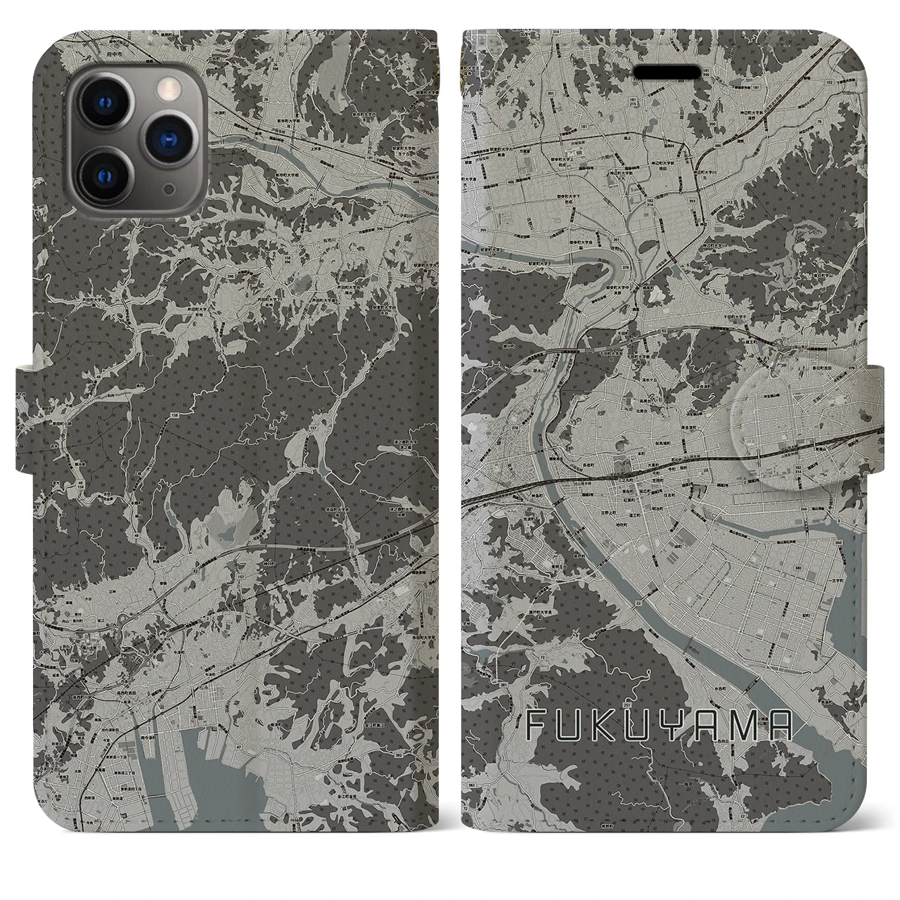 【福山(広島県)】地図柄iPhoneケース(手帳タイプ)モノトーン・iPhone 11 Pro Max 用
