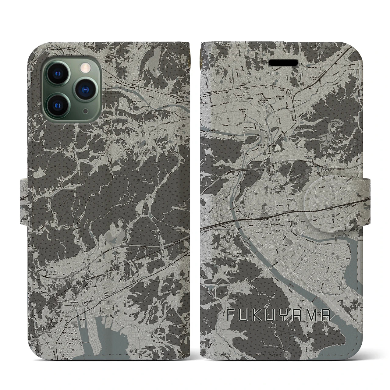 【福山(広島県)】地図柄iPhoneケース(手帳タイプ)モノトーン・iPhone 11 Pro 用