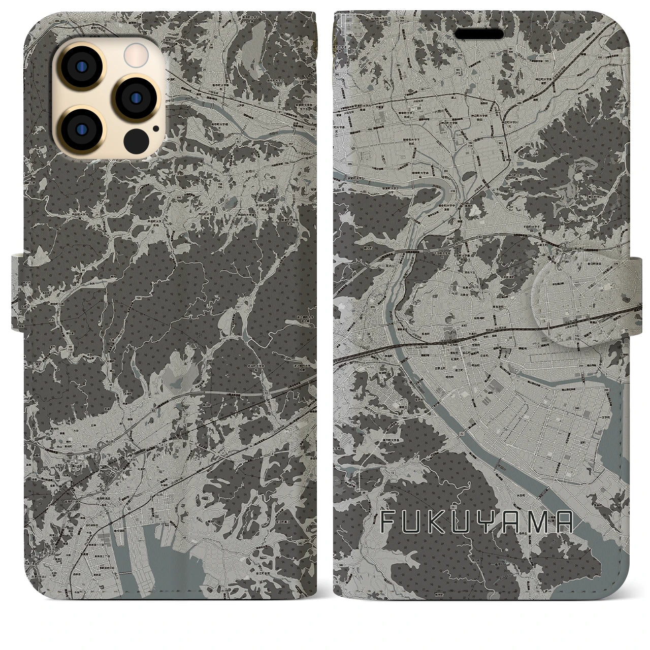 【福山(広島県)】地図柄iPhoneケース(手帳タイプ)モノトーン・iPhone 12 Pro Max 用