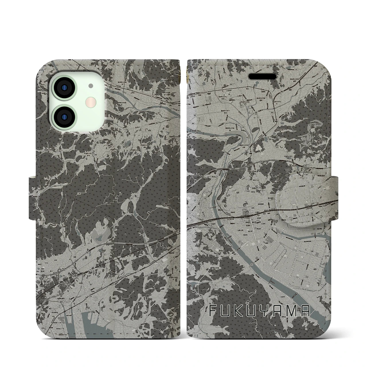 【福山(広島県)】地図柄iPhoneケース(手帳タイプ)モノトーン・iPhone 12 mini 用