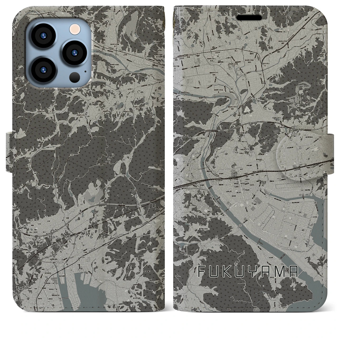 【福山(広島県)】地図柄iPhoneケース(手帳タイプ)モノトーン・iPhone 13 Pro Max 用