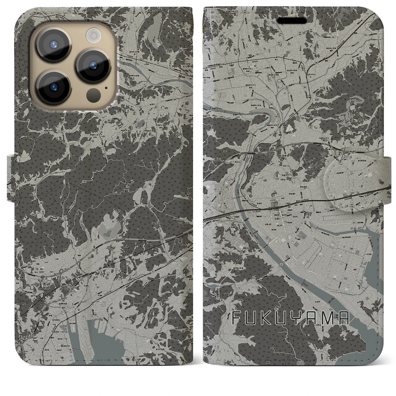 【福山(広島県)】地図柄iPhoneケース(手帳タイプ)モノトーン・iPhone 14 Pro Max 用