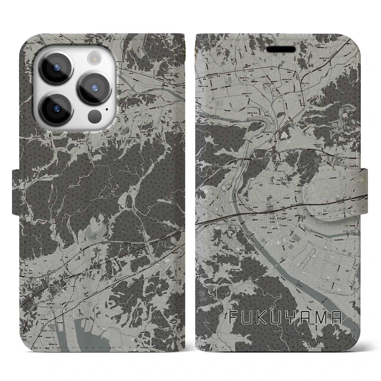 【福山(広島県)】地図柄iPhoneケース(手帳タイプ)モノトーン・iPhone 14 Pro 用