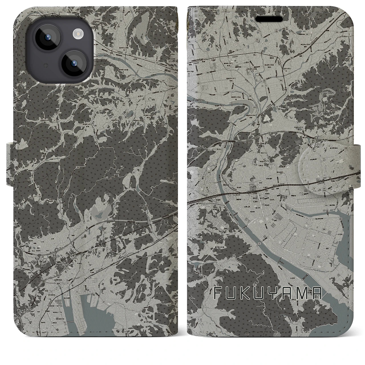 【福山(広島県)】地図柄iPhoneケース(手帳タイプ)モノトーン・iPhone 14 Plus 用