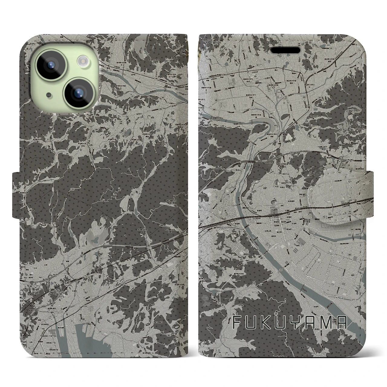 【福山(広島県)】地図柄iPhoneケース(手帳タイプ)モノトーン・iPhone 15 用