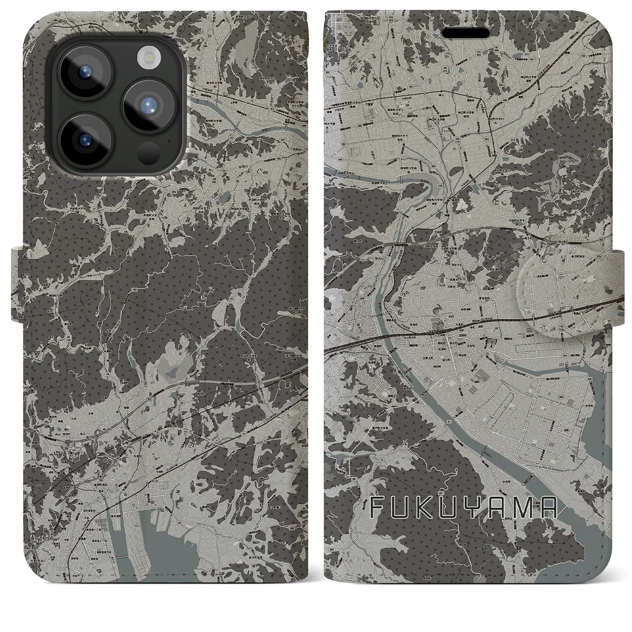 【福山(広島県)】地図柄iPhoneケース(手帳タイプ)モノトーン・iPhone 15 Pro Max 用