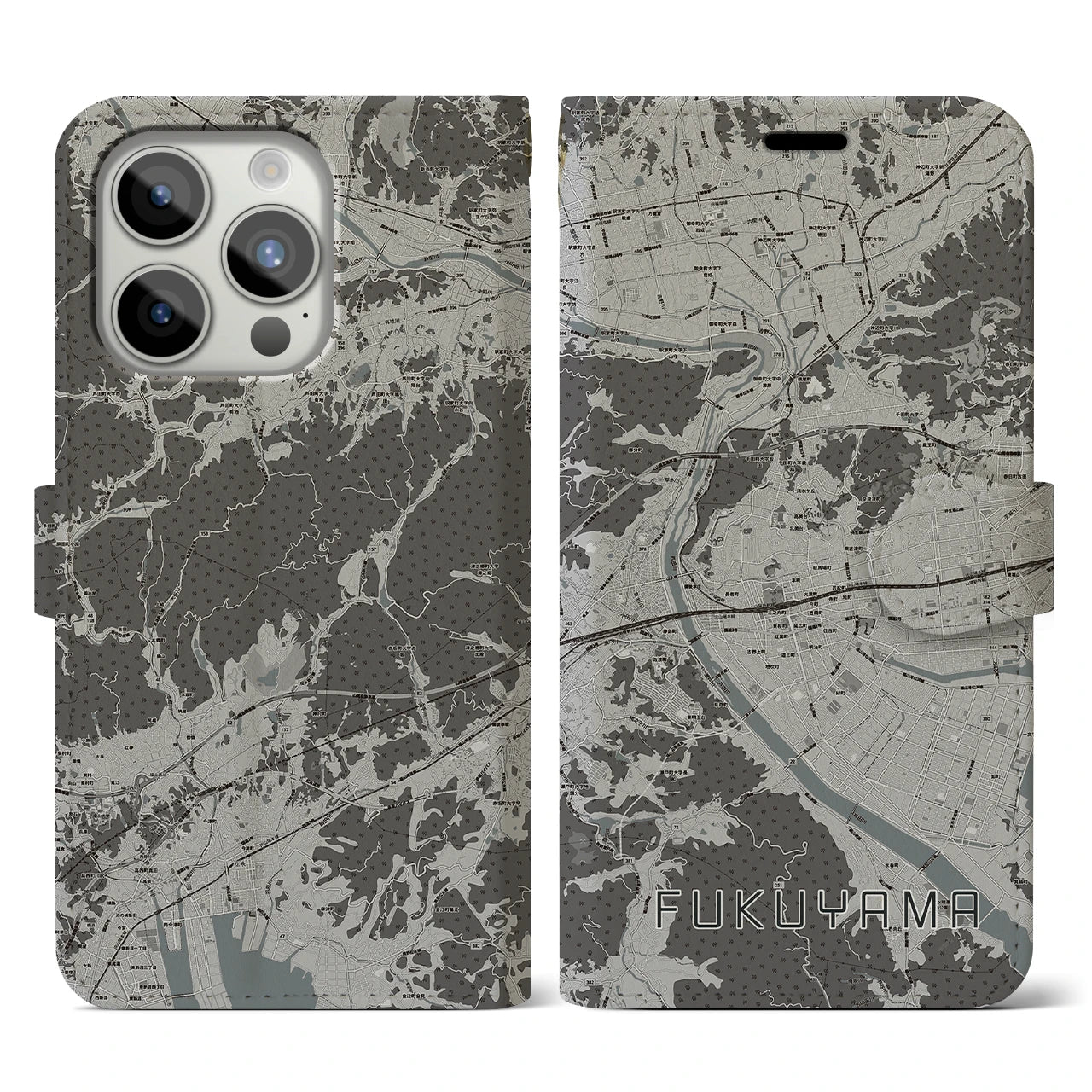 【福山(広島県)】地図柄iPhoneケース(手帳タイプ)モノトーン・iPhone 15 Pro 用