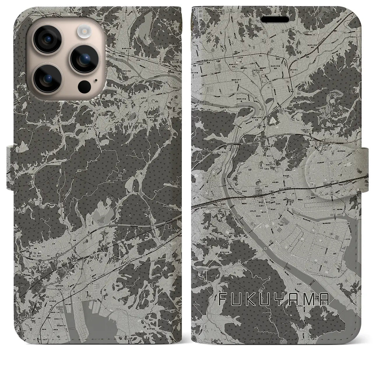【福山(広島県)】地図柄iPhoneケース(手帳タイプ)モノトーン・iPhone 16 Plus 用