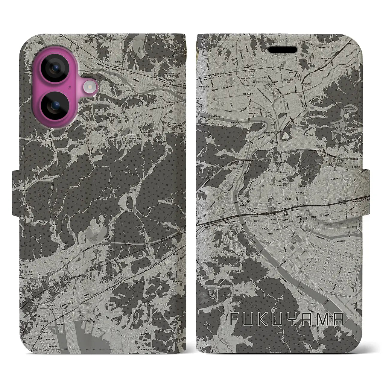 【福山(広島県)】地図柄iPhoneケース(手帳タイプ)モノトーン・iPhone 16 Pro 用