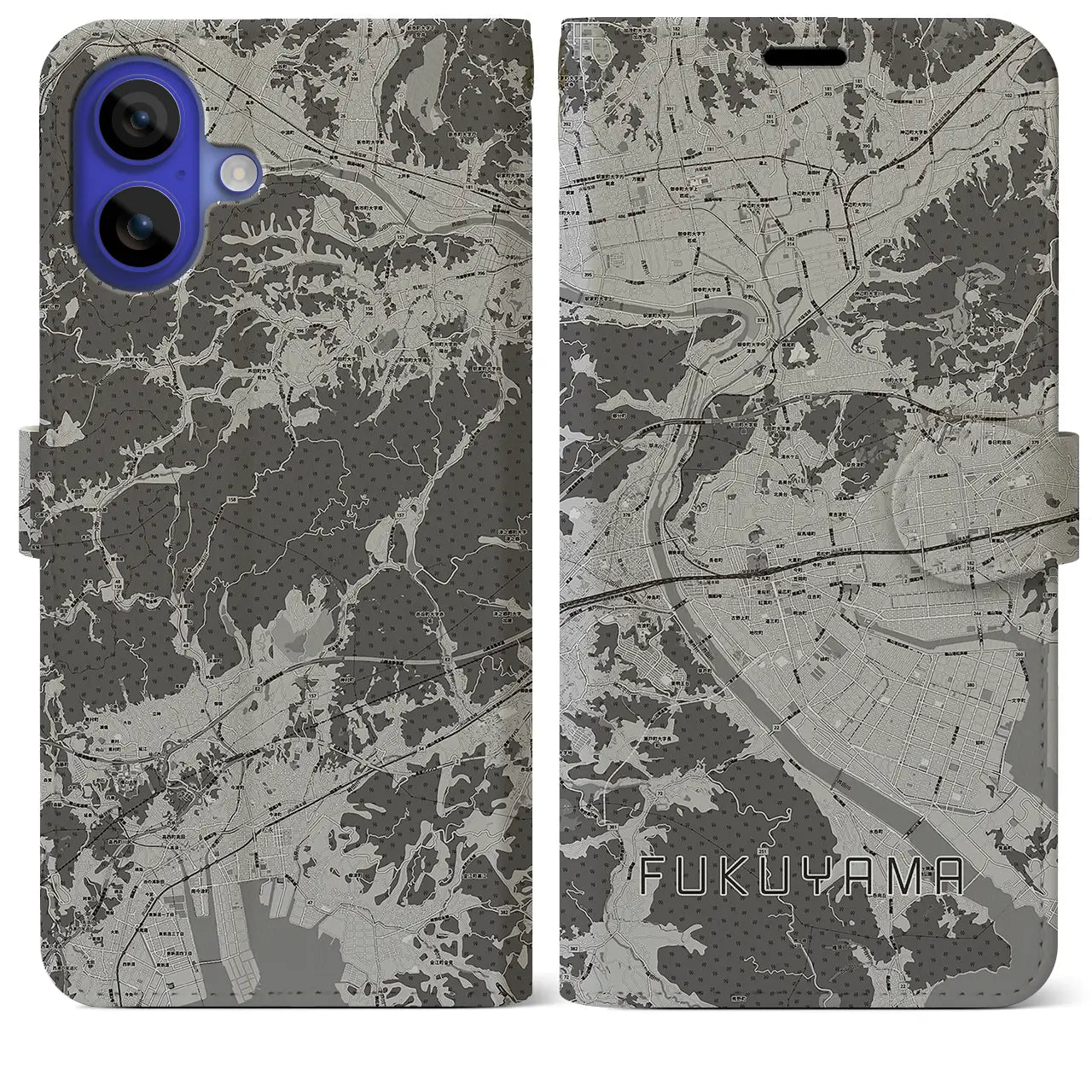 【福山(広島県)】地図柄iPhoneケース(手帳タイプ)モノトーン・iPhone 16 Pro Max 用